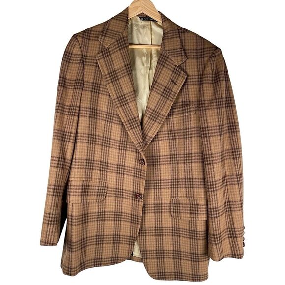 Vintage Aquascutum Brown Virgin Wool plaid Check Sport Coat Blazer Men’s 42R